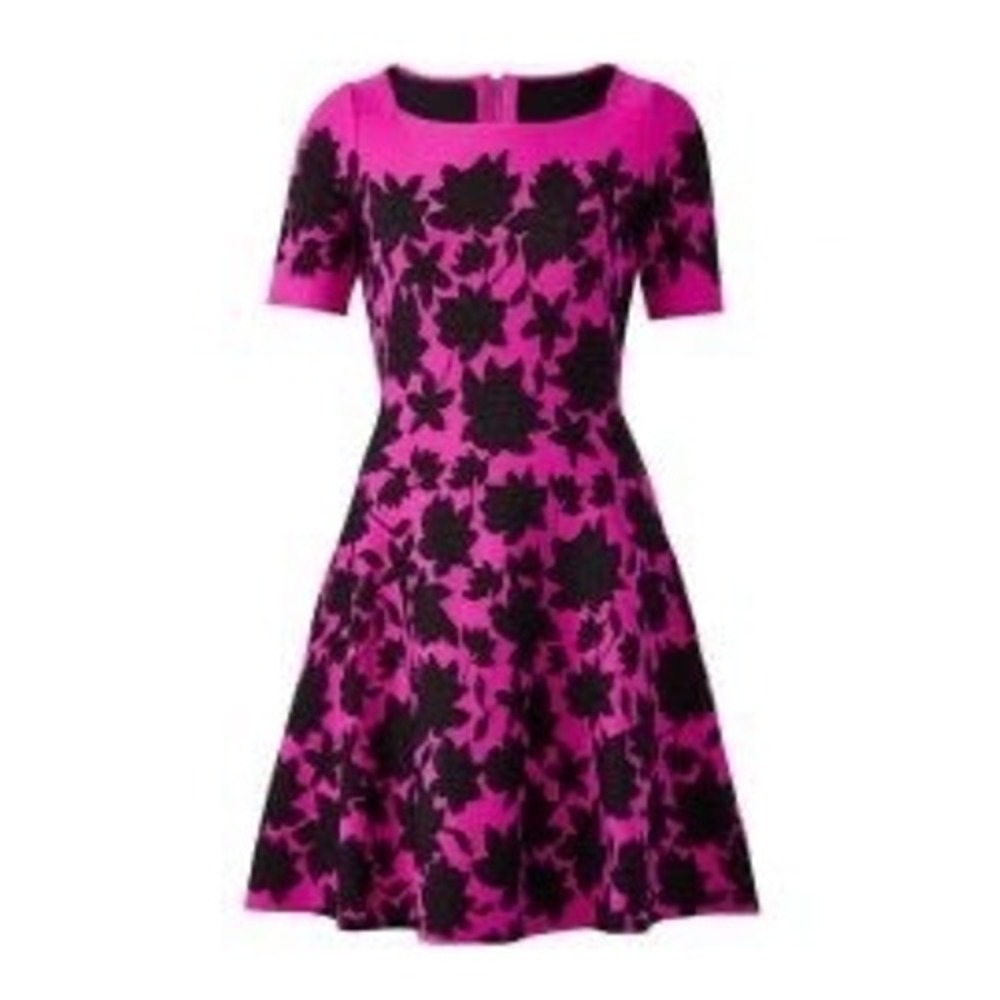 Milly Magenta Pink Black Floral Intarsia Knit Fit and Flare Dress Square Neck M